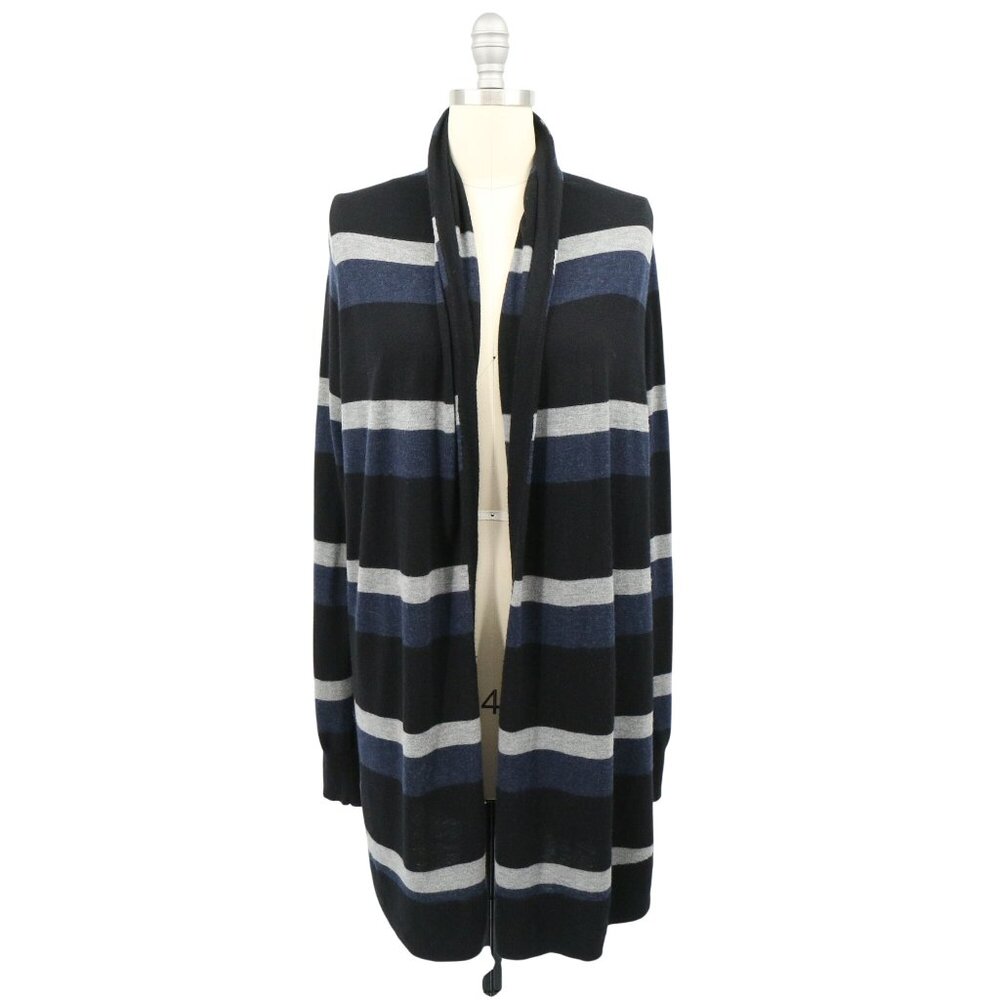 Joie Wool Cashmere Blend Open Front Black Gray Navy Striped Cardigan Sweater M
